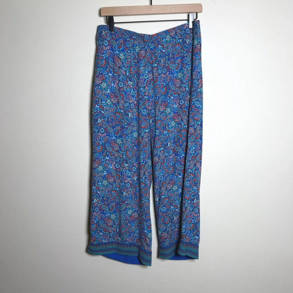 J. Jill Women 100% Rayon Pants M Petite Blue Paisley Floral Elastic Resort Boho